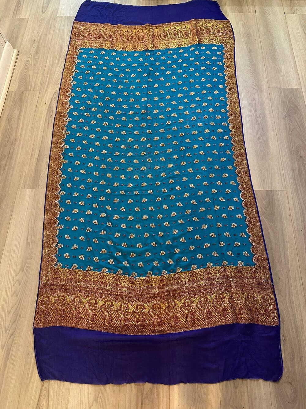 Vintage Turquoise & Royal Blue Dupatta Scarf Embroidered Gold Zari Banarasi